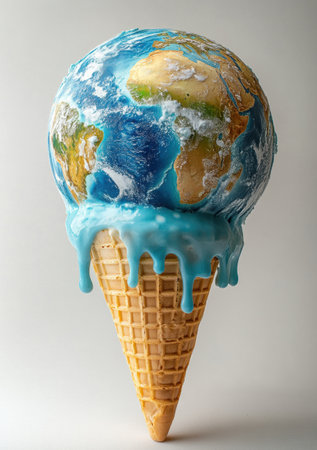 A hyper-realistic depiction shows Planet Earth melting atop an ice cream cone, emphasizing the alarming effects of climate change. The white background highlights the striking contrast.の素材