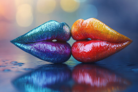 Two vibrant, shiny lips in a rainbow of colors meet in a tender kiss, reflecting a mix of emotions and connection. The background fog adds a dreamy quality to this intimate moment.の素材