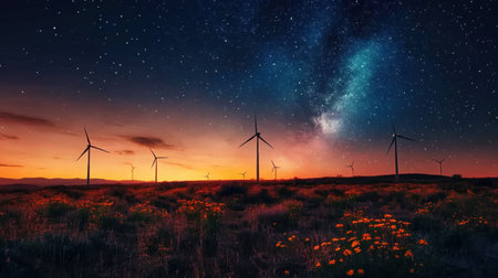 Wind turbines stand tall in a vibrant landscape at dusk in the USA. Bright wildflowers blanket the ground as the stars twinkle above, showing the beauty of renewable energy in nature.の素材