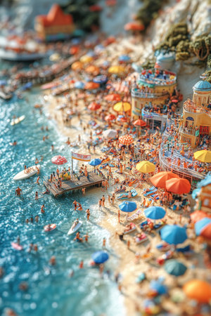 A lively beachfront filled with colorful umbrellas and people engaging in volleyball, surfing, and enjoying snacks. The vibrant boardwalk is alive with activity, capturing the essence of summer fun.の素材