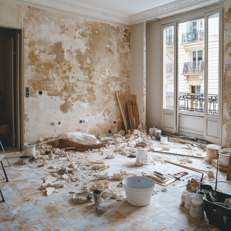 Living room in an apartment undergoing renovation features messy walls, rubble scattered across the floor, and tools everywhere, with bright sunlight streaming in from large windows.の素材