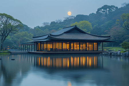 A serene Japanese-style building stands by still water, illuminated by warm light.の素材