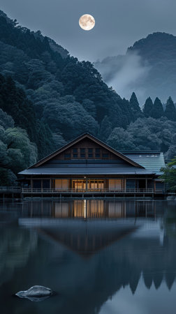 A Japanese-style building features a sloping black metal roof and wooden sliding doors.の素材