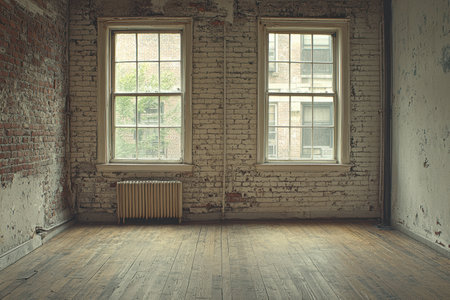 The interior of a vacant studio apartment features chipped brick walls and a vintage wall heater. Muted colors create a deep yellow haze, illuminating the unfurnished space with a high contrast.の素材