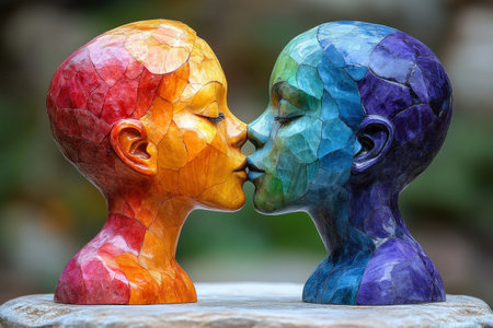 Two stunning sculptures display a rainbow of colors as they lean in for a kiss. Set in a tranquil outdoor environment, the artwork captures the essence of love and unity.の素材