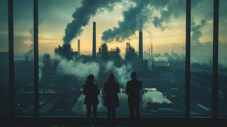 Three businesspeople engage in dialogue about sustainability strategies in a corporate meeting room, with a large industrial factory and smoking chimneys visible outside the windows.の素材