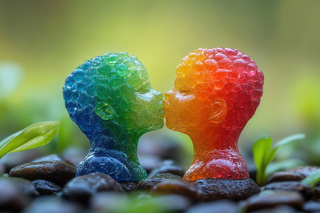 Two rainbow-colored candy figures lean in for a kiss, surrounded by smooth pebbles and lush green leaves. The scene captures a moment of romance and charm in nature.の素材