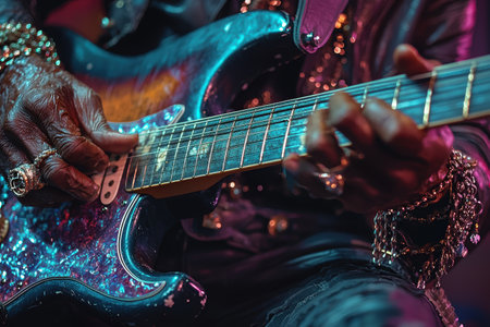 Close up of a musician's hand expressing creativity while playing a chord on the guitar. The colorful lighting enhances the performance, showcasing the energy of the moment.の素材