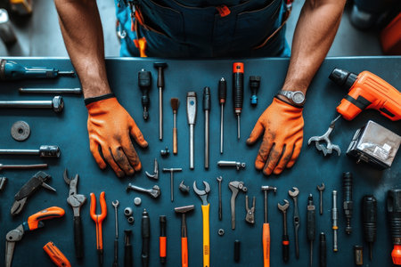 A skilled handyman showcases his expertise with multiple tools spread out before him. He is equipped for plumbing, electrical work, and more, ready to tackle any project efficiently.の素材
