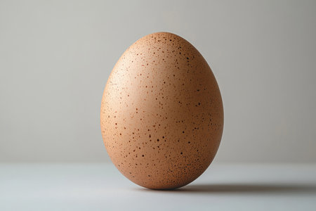 Isolated against a white background, the side view of an egg showcases its subtle color variations and soft peach tones, highlighting its smooth texture and natural beauty in a serene setting.の素材