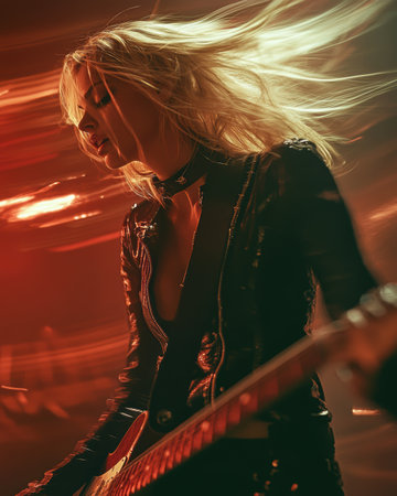 A talented female rock star performs passionately on stage, her hair flowing with movement under vibrant lights. The atmosphere is electric as she captivates the crowd with her dynamic guitar skills.の素材