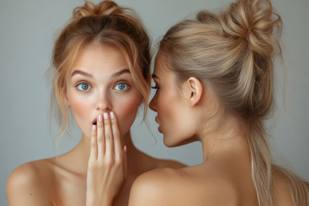 Two women share an intimate moment as one whispers into the other's ear. The first woman looks surprised and directs her gaze at the camera, while her mouth is covered.の素材