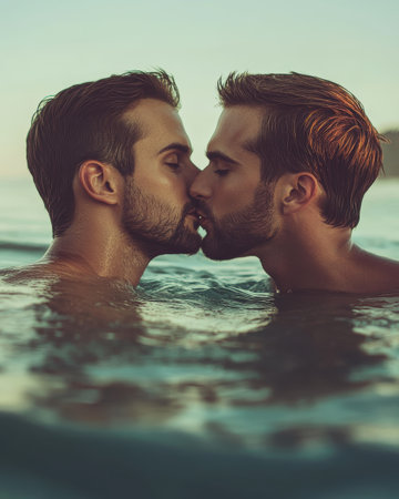 Two attractive men in 1990s fashion share an intimate moment in the ocean, poised to kiss. The warm sunset illuminates their serene expressions and the waves around them.の素材