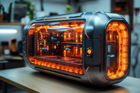 Inside a contemporary workshop, a state-of-the-art 4D printer displays its intricate design. The glowing orange lights illuminate its sleek body, showing the pioneering technology of the future.の素材