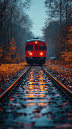 A vintage red train glides along wet tracks surrounded by vibrant autumn leaves. Dark, rainy skies create a nostalgic atmosphere as the train moves into the distance.の素材