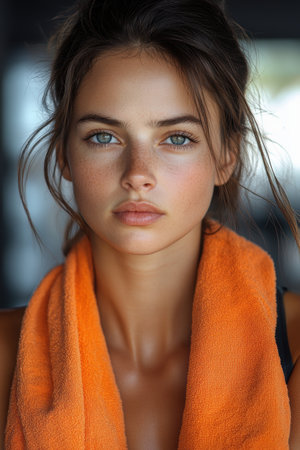 A 30-year-old Spanish woman appears exhausted in the gym, holding an orange towel.の素材