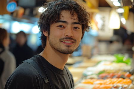 A sushi chef smiles while showcasing vibrant sushi selections at a lively market during the evening. Customers engage in lively conversations, enjoying a culinary experience filled with fresh flavors.の素材