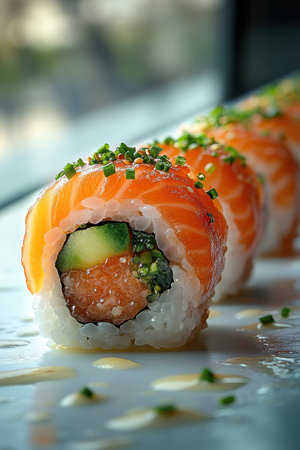 A round shape of sushi is presented in a studio setting with a plain white background.の素材