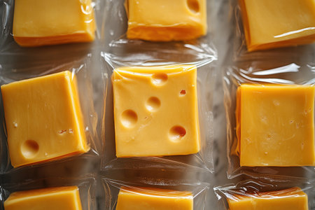 Thin rectangular slices of cheese are neatly wrapped in plastic, filling the frame with their uniform appearance. Each slice has a smooth surface, showing their vivid yellow color.の素材
