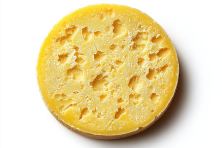 Top view displays a circular piece of emental cheese, showing its characteristic holes and smooth yellow surface against a pristine white background.の素材