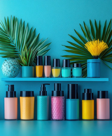 A passionate entrepreneur organizes a stunning array of colorful beauty products on sleek shelves. Lush greenery adds life to the modern studio, creating an inviting atmosphere for creativity.の素材