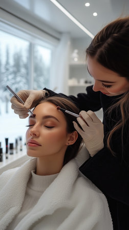 A makeup artist skillfully applies makeup to a female client in a clean, minimalist room. The client appears relaxed while receiving professional treatment in a well-lit space.の素材