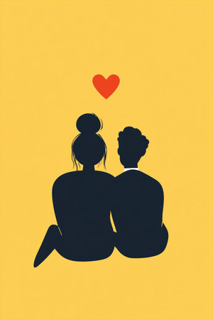 A couple sits close together on a yellow background, holding hands playfully behind their backs. A small red heart hovers above them, embodying intimacy and fun in their connection.の素材
