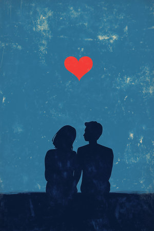 Two figures sit closely together, holding hands playfully behind their backs on a solid blue background. A small red heart floats above them, symbolizing their connection and love.の素材