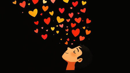 A cartoon man gazes upward with a loving expression as colorful hearts float around him against a black background. The scene radiates warmth and romantic feelings, emphasizing love.の素材