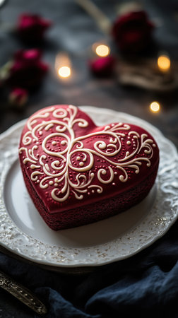 A beautifully decorated red velvet heart-shaped cake with intricate white icing rests on a white plate.の素材