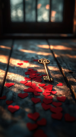 A wooden table features a scattering of small red heart-shaped confetti surrounding a golden key. Soft natural light filters in, creating gentle shadows that enhance the romantic atmosphere.の素材
