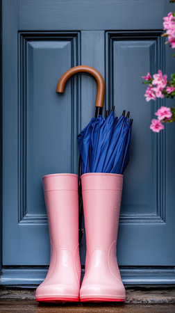 Bright pink rain boots stand beside a blue umbrella at an entrance. Flowers in soft bloom add a cheerful touch. Natural light enhances the inviting atmosphere of spring.の素材