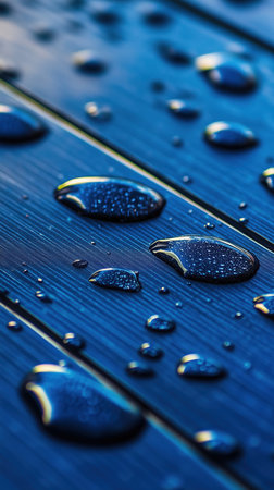 Water droplets cling to the surface of a solar panel after a rain, highlighting the intricate details of both the droplets and the panel's unique texture, reflecting light in various ways.の素材