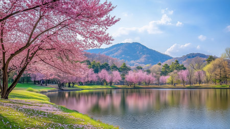Vibrant springtime unfolds as sakura tree leaves blanket the grass. Full blossoms surround a tranquil pond, with a mountain decorated in pink blooms rising majestically behind it.の素材