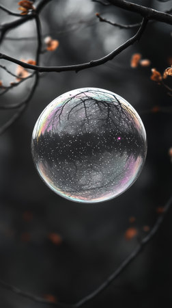 A strange-shaped bubble hovers in a dark space, capturing the silhouettes of branches and sparkling stars. The contrast creates a surreal and enchanting atmosphere.の素材