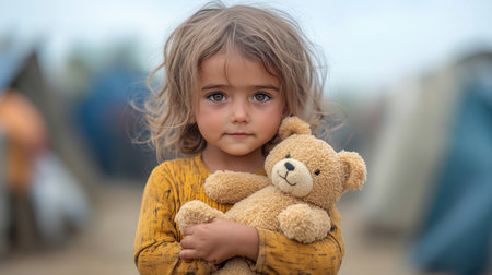 A young refugee child stands in front of a tent, holding a teddy bear close. Their eyes express a poignant mix of sadness and hope amidst the struggles of camp life.の素材