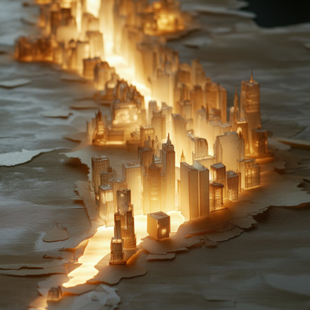 A stunning urban landscape glows warmly, split down the middle as if torn apart, showcasing detailed structures and a rich skyline. The unique design highlights the contrast between light and shadow.の素材