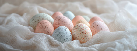 Delicate pastel-colored Easter eggs are beautifully arranged on a soft linen cloth, showing their subtle textures and colors against an airy background.の素材