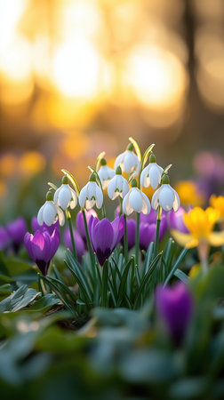A cluster of delicate white snowdrops, bright purple crocuses, and cheerful yellow daffodils bloom together. Sunlight enhances their colors, creating a calm and serene atmosphere in the garden.の素材