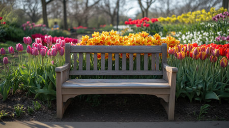 A wooden bench is nestled amidst blooming tulips, daffodils, and lilies in a lively spring garden.の素材
