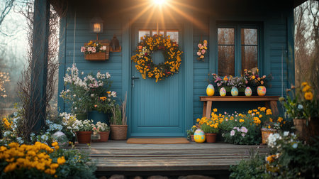 Festive front porch adorned with a wreath of flowers and colorful Easter eggs, bright sunlight enhances the welcoming atmosphere. Fresh blooms create a vibrant setting for spring celebrations.の素材