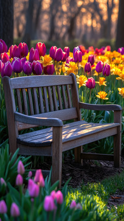 Vibrant tulips, daffodils, and lilies bloom in a spring garden surrounding a rustic wooden bench. Soft sunlight bathes the flowers, creating a serene, inviting atmosphere perfect for relaxation.の素材