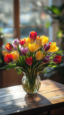 Bright tulips, daffodils, and crocuses create a vibrant spring display in a small vase.の素材