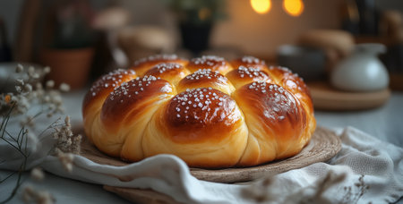 A beautifully baked Easter cake sits on a wooden tray, showing its golden-brown crust and sparkling sugar granules. This delightful dessert captures the essence of holiday baking.の素材