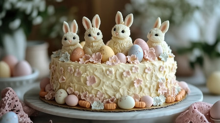 This festive Easter cake showcases intricate sugarcraft bunnies and pastel-colored eggs. Delicate florals and soft buttercream create a joyful centerpiece for any celebration.の素材