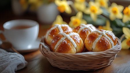 A basket of hot cross buns with a glossy finish and a white cross sits on a wooden table. A cup of tea and daffodils in the background enhance the cozy Easter breakfast atmosphere.の素材