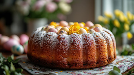 A rich and moist Babka Wielkanocna sits atop a traditional cloth, dusted with powdered sugar and surrounded by decorated Easter eggs and colorful spring flowers under bright natural light.の素材