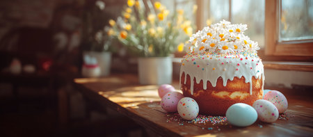 A delightful breakfast table celebrates Easter with pastel-colored eggs and a decorated cake under warm morning sunlight. Fresh flowers enhance the vibrant atmosphere, inviting cheer and joy.の素材