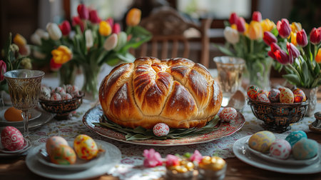 A beautiful family table is set for Easter breakfast, featuring a large paska bread as the centerpiece. Fresh tulips and painted eggs add color, creating a festive atmosphere in soft daylight.の素材