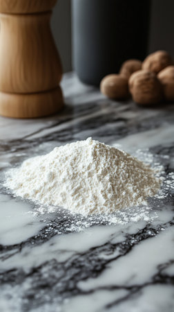 Soft flour is scattered over a smooth marble surface, revealing grooves from where it has been spread. The clean backdrop highlights the texture, perfect for baking an Easter cake.の素材